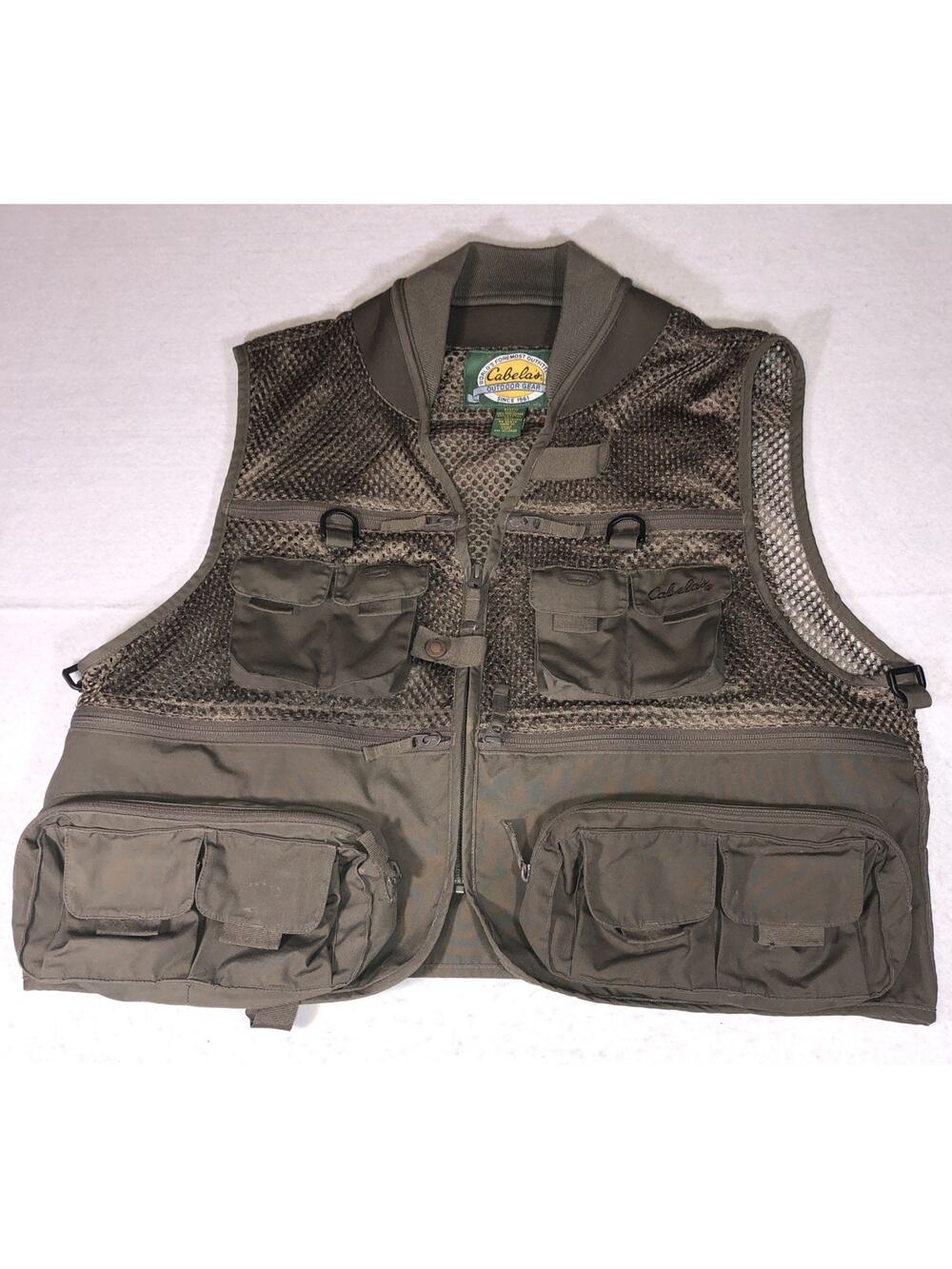 Cabelas Vest Fishing Safari Outdoors Utility Green Mesh Multi Pockets Mens Sz L